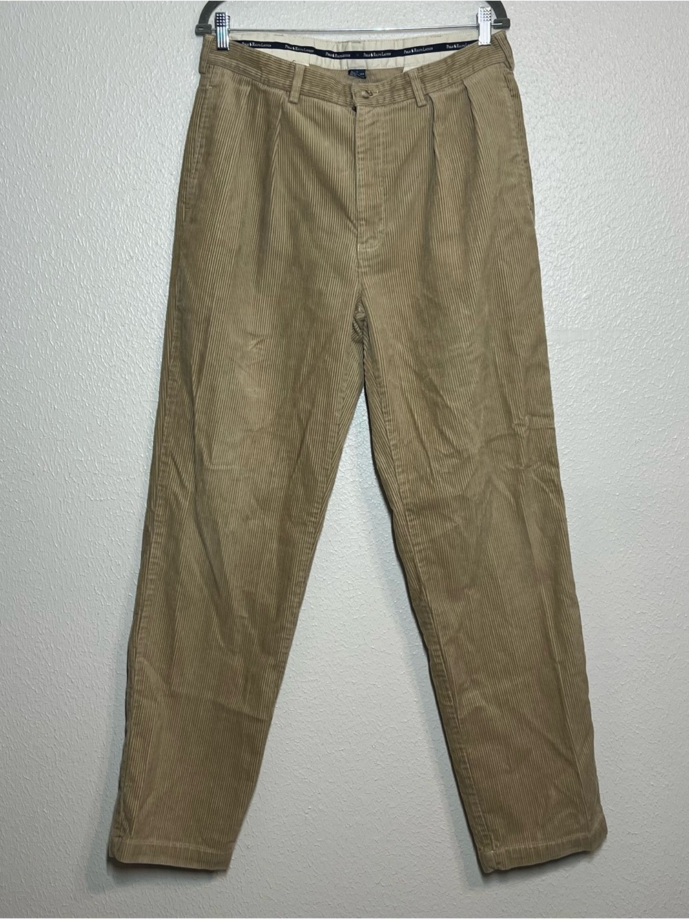 Vintage Polo Ralph Lauren Andrew Pants Men 34x34 Tan Corduroy Pleated Trousers